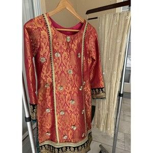 Pakistani Designer Formal Mehindi Colorful Jaquard Kameez Beaded Chiffon Dupatta